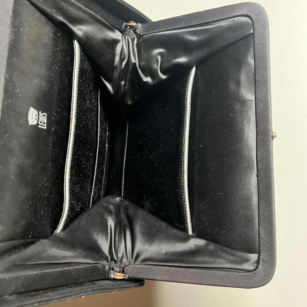 Vintage Lewis Top Handle Bag Womens Small Black Satin Rhinestone Purse Evening - Picture 7 of 7